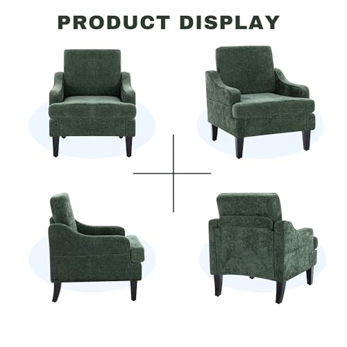 Image of Accent Chair for Living Room,Mid-Century Arm Chair Chenille Fabric Living Room Chairs,Upholstered Reading Chair for Bedroom,Single Sofa Chair with Wood Legs for Apartment (Green)