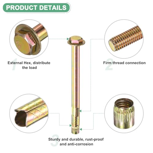 Image of M METERXITY 4-Pack Hex Expansion Bolt, M10x150mm Colored Galvanized Iron-Carbon Steel External Hex Expansion Bolts, Anti-Corrosion Metal Bolt for Concrete /Dry Brick /Block Walls