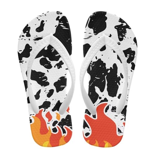 Pointodoor Flame Cow Print Girls Flip Flops Fashion Slip on Summer Water Shoes Non Slip Boys Thong Sandals for Beach Pool Water