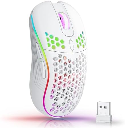AVMTOM Wireless Mouse wireless gaming mouse Rechargeable PC Mouse with RGB Backlit 6 Buttons Adjustable Ergonomic for Laptop, PC, Computer, Desktop, Notebook etc Gaming Mouse Wireless （White）