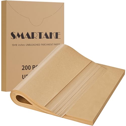 SMARTAKE 200 Pcs Parchment Paper Baking Sheets, 13x18 Inches Non-Stick Precut Baking Parchment, for Baking Grilling Steaming Bread Cup Cake Cookie and More (Unbleached)