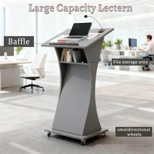 Image of Portable Wooden Podium Stand with Lockable Wheels, Lightweight 42.5 inch Rolling Lectern for Churches, Ideal for Presentations, Events, and Conferences - Versatile White Pulpit.