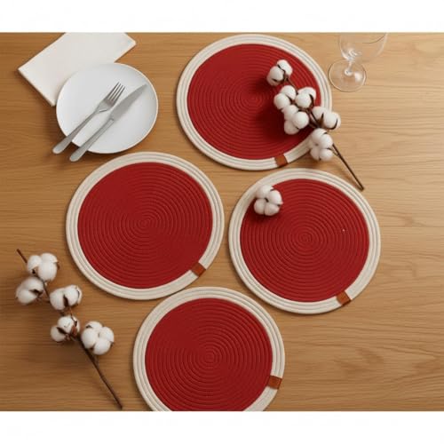 Image of Cotton Rope Placemats, Round Red with White Border, Set of 4, Heat Resistant Table Mats