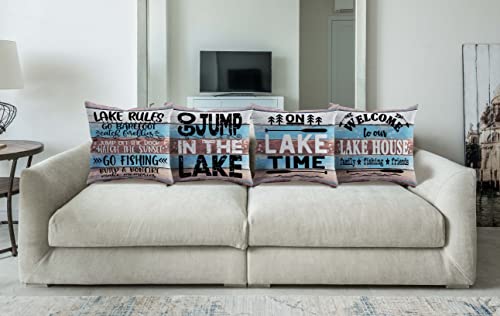 BXFAHZJ Lake Rules Welcome to Our Lake House Throw Pillow Cover Pillowcase 18x18 Inch Set of 4 Lake Cabin Decor for Lake Paddle Lake Porch Bench Lake House Room Bed Sofa, Lake Theme Room Decor