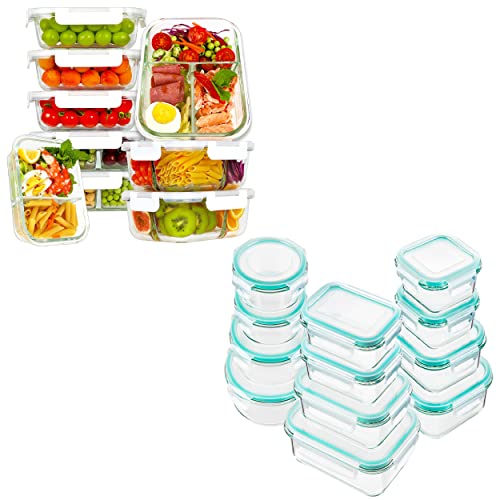 Bayco [24 Pieces] And [9 Pack] 3&2&1 Compartment Glass Food Storage Containers #TOP22