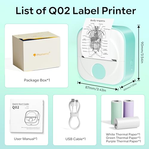 Phomemo Q02 Mini Drucker, Tiny Printer für Studium, Notizen, Bilder, Fotos, Tagebücher, Heimwerken, Sticker Drucker Kompatibel mit Telefon & Tablet, Handy Druckers mit 3 Rollen Papier, Grün