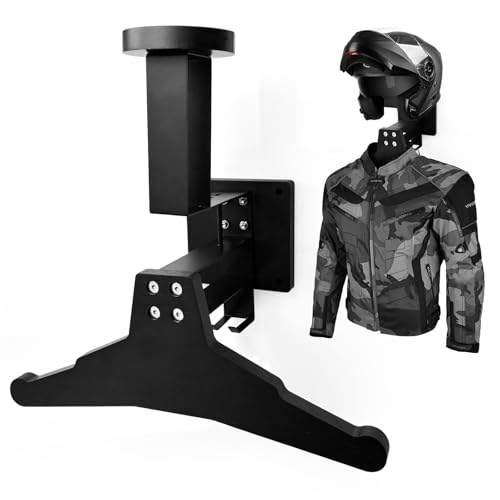 Helmhalterung Wand - Motorrad Garderobe aus Massivholz (Tragkraft 68 KG) - Multifunktionale Motorradbekleidung Ständer mit Haken für Jacke - Platzsparender Helmständer für Fahrrad- FußBall- & Skihelme