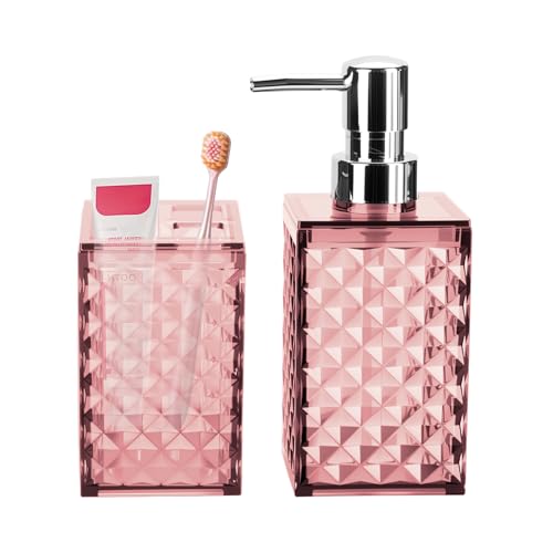 Bathroom Accessories Set 2 PCS Pink Bathroom Accessories Include Soap Dispenser and Toothbrush Holder Diamond Pattern Bathroom Set for Boho Bathroom Decor