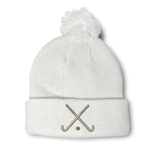 Speedy Pros Pom Pom Beanies for Women & Men - Acrylic Winter Hats with Skull Cap Design - Field Hockey Sport - White, One Size