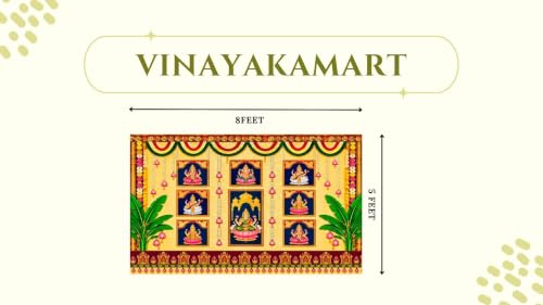 Image of laxmi Devi Backdrop Cloth |Traditional Ashta Lakshmi & Ganesha Divine Gallery Pooja Backdrop 5x8 Feet | varamahalakshmi Pooja Background