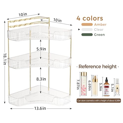 Image of BEFSOP Corner Bathroom Counter Organizer, Upgraded 3-Tier Makeup Organizer Countertop with Makeup Brush Holder, Skincare Exquisite Vanity Organizers Countertop Bathroom Storage Dresser(CLEAR)