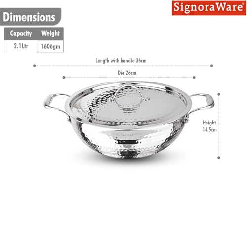 Image of Signoraware Artista Tri Ply Stainless Steel Hammered Shallow Kadhai 24cm with Lid | Gas & Induction Compatible | Stylish Indian Kadhai for Healthy Meal | Ideal for Daily Cooking (2.5 LTR | Steel)