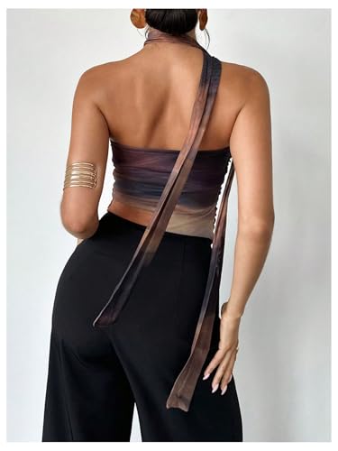 GORGLITTER Women's Tie Dye Ruched Strapless Halter Tube Top Mesh Backless Going Out Bandeau Top with Scarf2