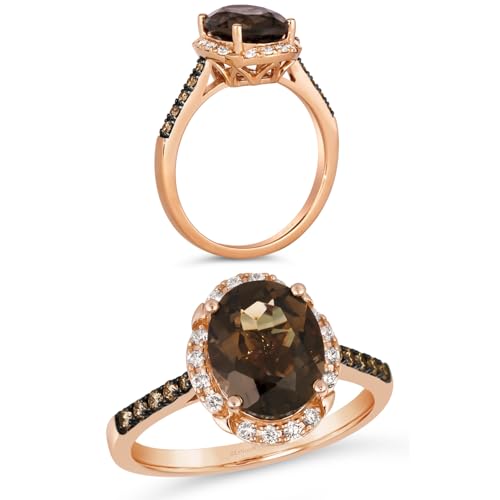 LE VIAN 1/4 Carat White Or Chocolate Diamond Oval Halo Ring for Women I 14K Rose Gold Ring for Her With 2 Carat Smoky Quartz (H-I/Brown SI2-SI3 0.24 Cttw) Wedding Promise Anniversary Band Size 7.5