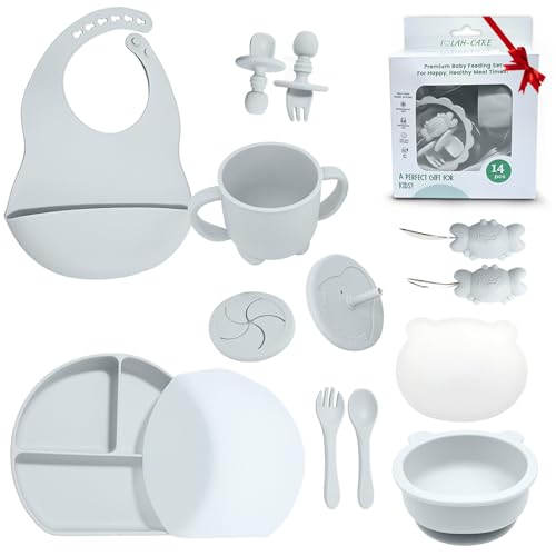 Image of IOLAH-CARE Baby Feeding Set of 14–Made from Premium Food-Grade &BPA-Free Silicone Baby Weaning Set –Durable &Eco-Friendly Toddler Plates,Safe Baby Feeding Set (Dishwasher Safe) Light Grey