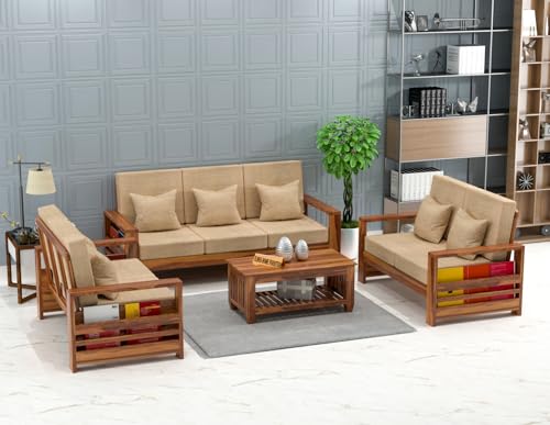 Image of Sheesham Wooden 7 Seater Sofa for Living Room | Rosewood 7 Seater Cushion Sofa with Side Rack | Solid Wood Sofa Set for Lounge (3+2+2,Honey)