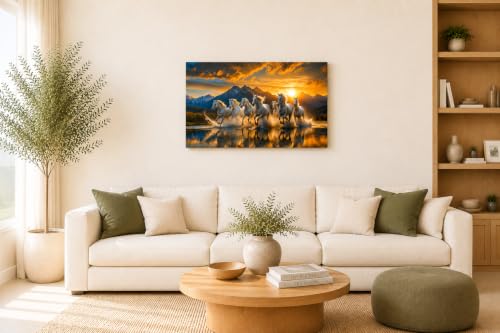 Image of 7 Horse Vastu Sunrise Canvas Painting | Positive Energy Wall Decor | Big Size Premium Running Horses Artwork for Home, Office & Hall Decoration (Modern, Hills White, 26x18 Inch)