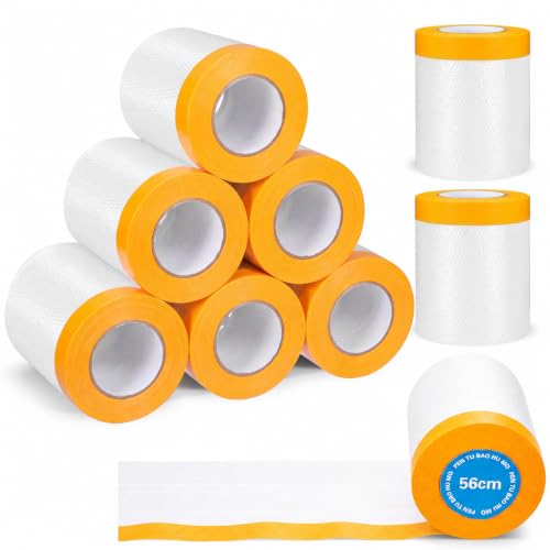Image of Seajan 9 Roll Painters Plastic with Tape Pre Taped Masking Film for Painting Automotive Paint Adhesive Protective Film Masking Tape Roll Plastic Painting Covering (White,22in X 90 ft)