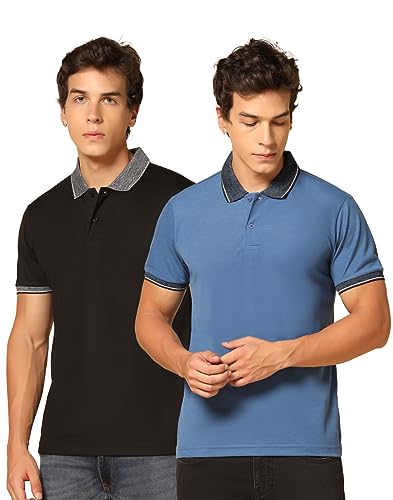Image of INKKR Men's Solid Polo Collared Neck T-Shirt Combo (Black,L.Blue)-XXL