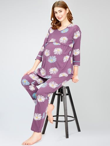 Image of ZEYO Cotton Blend Women's Cotton Floral Printed Nursing & Maternity Night Suit Set Of Top & Relaxed Pyjama Feeding Night Dress 5804