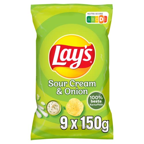 Lay's Sour Cream & Onion – Knusprig gewürzte Kartoffelchips für eine gelungene Party (9 x 150 g) (Verpackungsdesign kann abweichen)