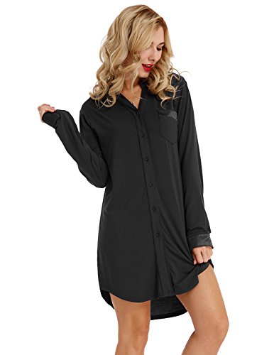 Women Model Boyfriend Style Nightshirt Long Sleeve Button Down Sleep Shirt Stretchy Black Large