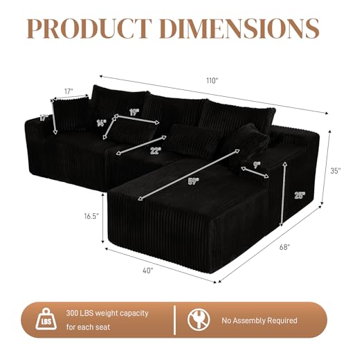 Image of 110 inch L Shaped Cloud Boneless Sectional Couches for Living Room, Modern Comfy Modular Deep Seat Memory Foam Compressed Corduroy Sofa Oversized Right Facing Chaise, No Assembly Required, Balck