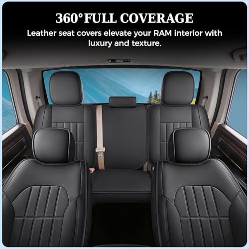 Image of Truckiipa Seat Covers for Dodge Ram 1500 Full Set, Full Coverage Waterproof Leather Protectors Pickup Truck Accessories, Custom Fit for 2002-2026 Ram 1500 2500 3500 Crew Mega Cab, Black