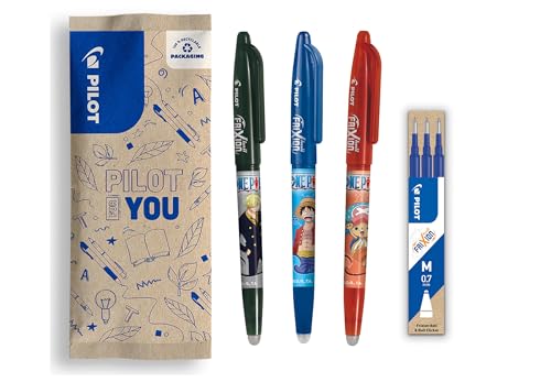 PILOT x ONE PIECE - Caja de 3 Frixion Ball, Negro, Azul, Rojo + 1 Set de 3 Recambios Azules + 4 Stickers - Bolígrafos Borrables - Edición Limitada One Piece - Rollerball recargables - Punta Media