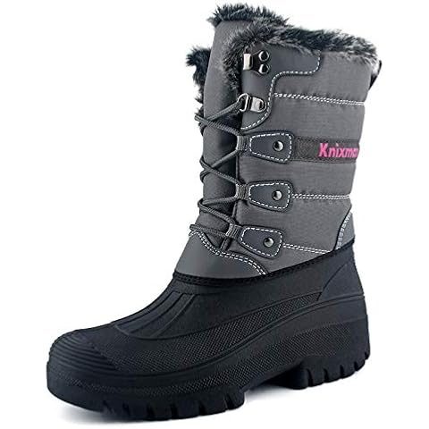 Knixmax Women's Winter Snow Boots Waterproof Sole Fur Lined Lace-Up Mucker Stable Yard Boots for Outdoor Walking Hunting Horse Riding Grey 9UK - 42EU Cover