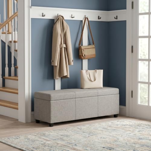 Image of SIMPLIHOME Avalon 54 inch Wide Linen Look Fabric Storage Ottoman in Cloud Grey