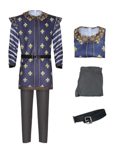 Koongso Disfraz de príncipe encantador para hombre, personaje de la película Far Far Away Prince Royal Uniforme, abrigo, pantalones, cinturón de corte, traje de Halloween, fiesta, carnaval