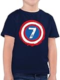 Kinder T-Shirt Jungen - 7. Geburtstag - Superhelden Schild Sieben - 152 (12/13 Jahre) - Dunkelblau - lustige Kinder t-Shirts - F130K