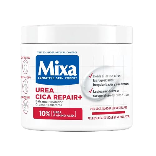 Mixa Regenerierende Körpercreme, für trockene und raue Haut, spendet 48 Stunden lang Feuchtigkeit und beruhigt die Haut, repariert und schützt die Hautbarriere, mit 10 % Urea und Aminosäuren, Urea Cica Repair +, 400 ml