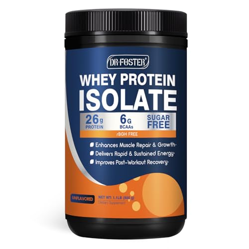 DRFOSTER Whey Protein Powder Isolate - Unflavored, Grass-Fed, 26g Protein & 6g BCAAs for Muscle Growth & Recovery, Sugar Free & Keto Friendly, 1.1LB, 16 Servings