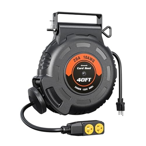 DEWENWILS Retractable Extension Cord Reel, 40FT 10AWG/3C SJTW Heavy Duty Power Cord, 4 Grounded Outlets, 20 Amp Circuit Breaker, 2500W, 180° Swivel Bracket for Ceiling/Wall Mount, ETL Listed