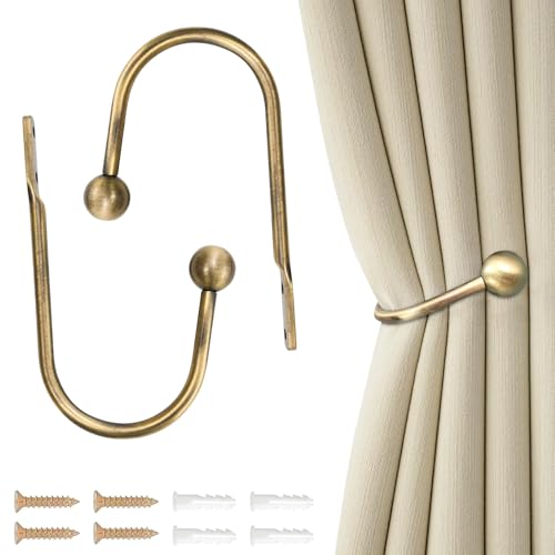 2 soportes de cortina de metal, 2 soportes para cortinas de metal, retro en forma de U, cortina decorativa con tornillos para dormitorio, cortina fija o artículos colgantes (dorado)