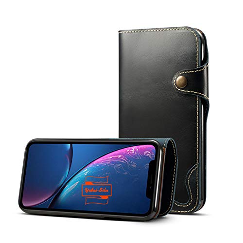 Yidai-Silu iPhone Xr Genuine Cowhide Leather Flip Case 【Magnetic Button, Wristband, Card Holder 】 TPU Bumper Shockproof Wallet Phone Cover for iPhone Xr 6,1" - Black