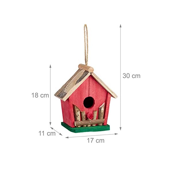 Relaxdays Mini Vogelhaus, zum Aufhängen, für Balkon & Garten, Holz, Deko Vogelhäuschen, HBT 18 x 17 x 11 cm, rot/grün – Bild 5