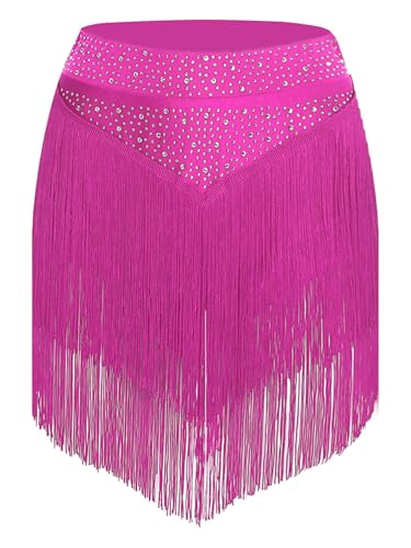 easyforever Women Fringe Dance Skirt Tassel Latin Ballroom Tango Performance Outfits Hot Pink Large