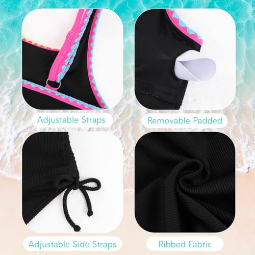 Image of Weixinbuy Girls Swimsuit Ribbed Bathing Suit for Girls Adjustable Strap Color Block Summer Beach One Piece Swimsuit