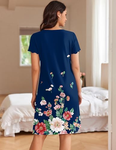 Image of Ekouaer Women's Nightshirt Short Sleeve Button Down Nightgown V-Neck Sleepwear Pajama Dress