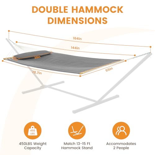 Image of Lazy Daze Hammocks 12 FT Double Quilted Fabric Hammock with Spreader Bar and Detachable Pillow, 2 Person Double for Outside Patio Backyard, 450lbs Capacity, Light Gray