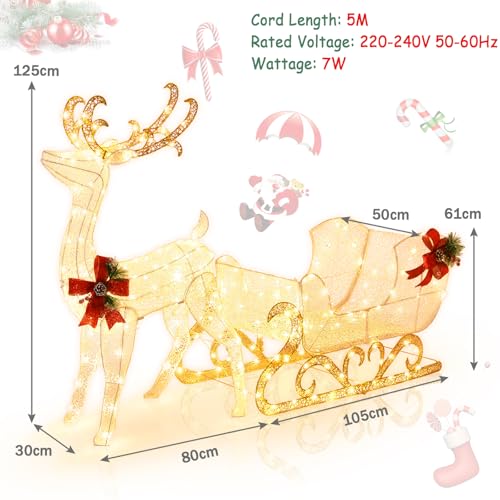 COSTWAY Light Up Reindeer Sleigh, Garden Christmas Figure Decorations with 100/215/280 Warm White LED Lights, Pre-Lit Xmas Ornament for Indoor and Outdoor (185 x 50 x 125 cm, with 215 Lights) - Image 6