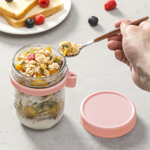 Image of LANDNEOO 4 Pack Overnight Oats Containers with Lids and Spoons, 16 oz Glass Mason Jars with Airtight Lids, Overnight Oats Jars for Milk, Cereal, Fruit-Pink