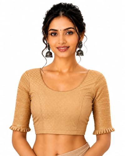Image of SFT Round Neck Cotton Lycra Stretchable Laced Elbow Sleeves Readymade Saree Blouse for Women Stylish (Shibani