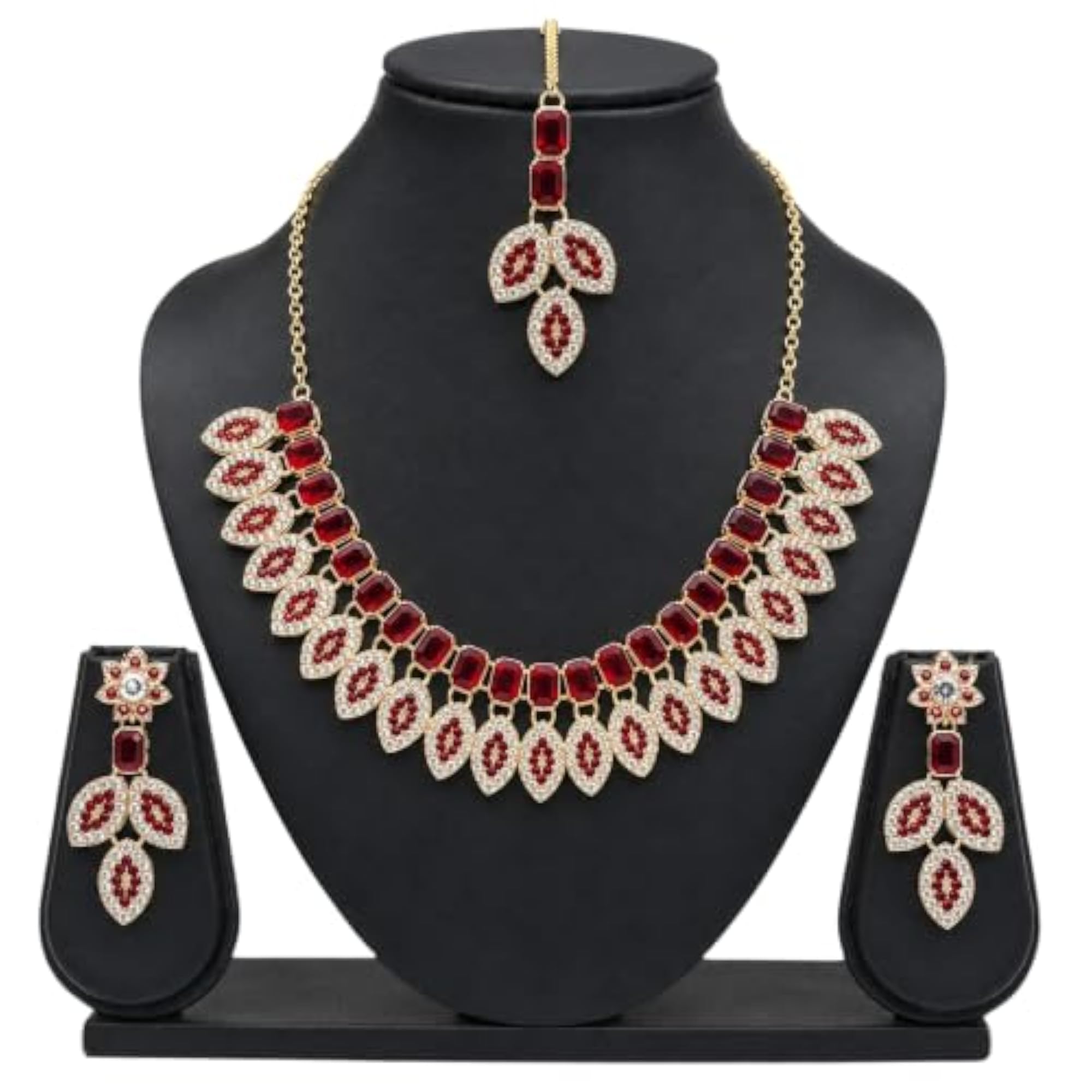 Women's Crystal Stone Traditional Necklace Set with Earrings and Maang Tikka