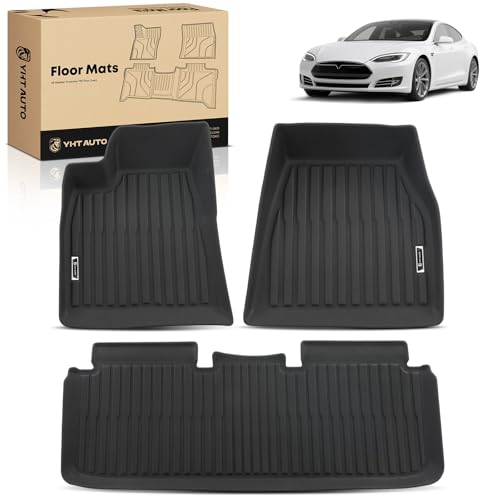 YHTAUTO Floor Mats Compatible with Tesla Model S 2014-2019 (Only for Model S Badging) TPE Floor Liners All Weather Custom Fit 1st & 2nd Row Set of 3 Black