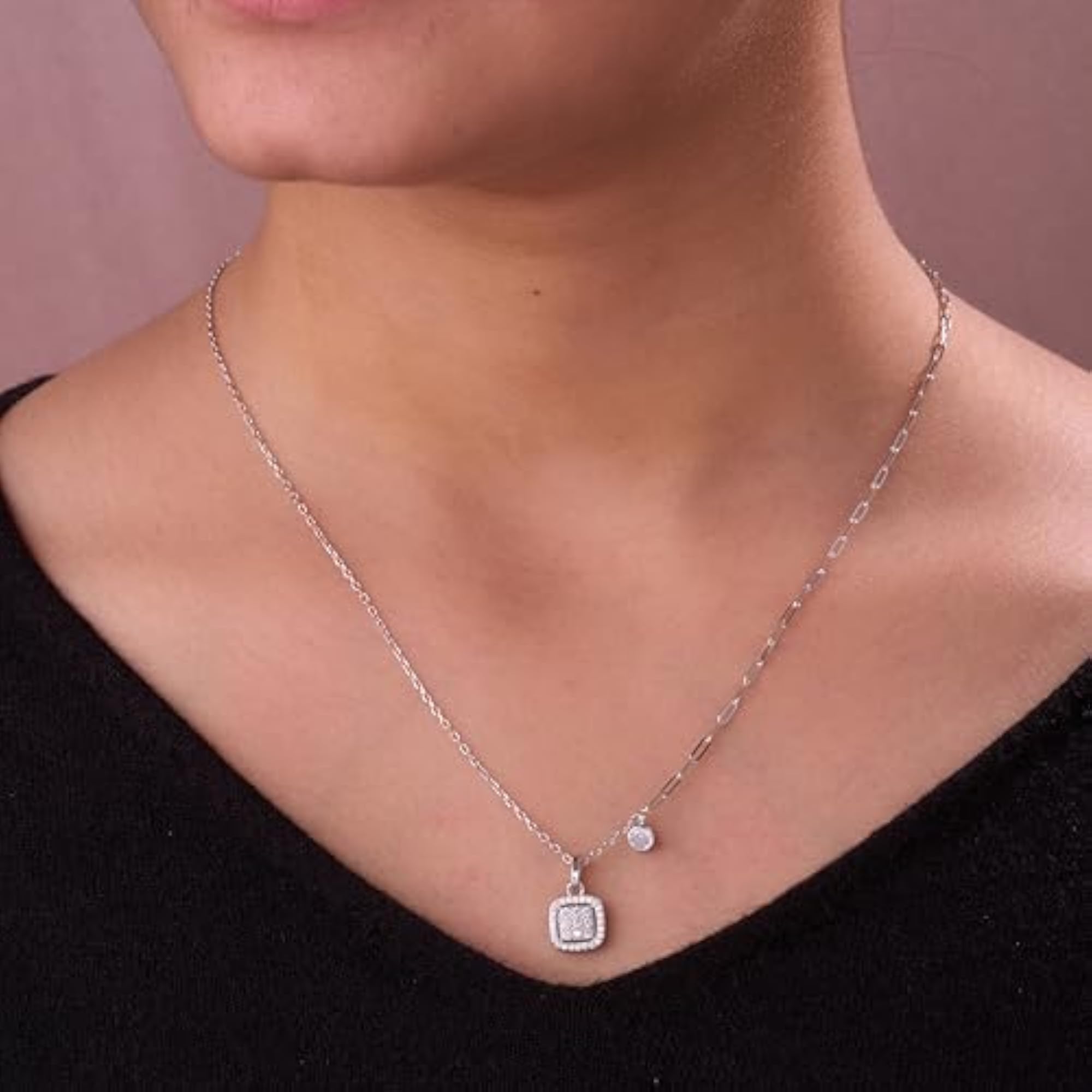 Women's 925 Sterling Silver Dual Chain Square Charm Pendant Necklace