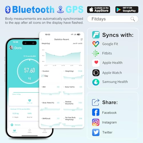 Bascula de Baño,Bascula Grasa Corporal y Muscular,Bluetooth Balanza Peso Corporal con 22 Monitores de Composición,Pantalla Grande Bascula Inteligente para Frecuencia Cardíaca,IMC Muscular,Máximo 180kg - Imagen 6